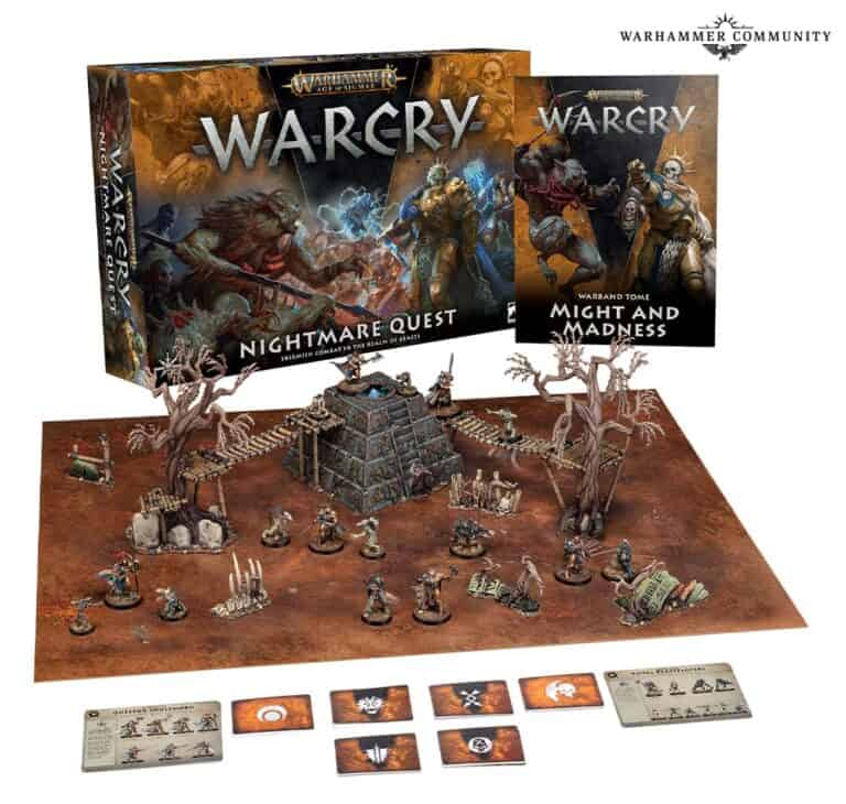 Box set of Warhammer Warcry: Nightmare Quest from Games Workshop, featuring miniatures, cards, and a game board. Includes knights, a mystical stone structure, and ominous trees, with two booklets titled "Warcry" and "Might and Madness".