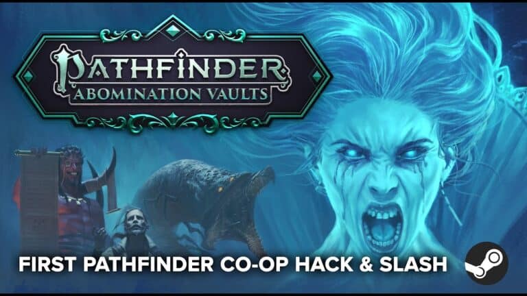 Promotional image for "Pathfinder: Abomination Vaults" showcases a menacing ghostly figure with glowing eyes and open mouth. Below, a warrior stands ready for battle. Text reads: "First Co-Op ARPG Hack & Slash" with a Steam logo.