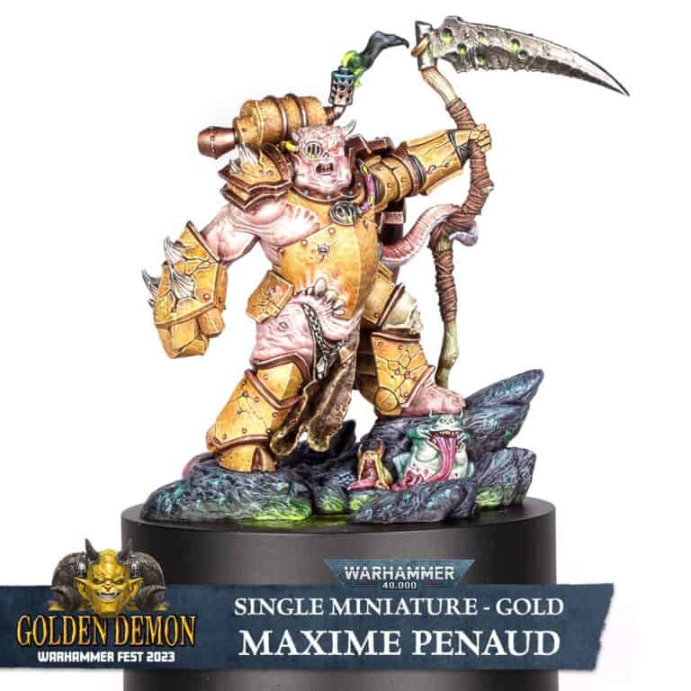 A detailed model of a fantasy creature with armor and a large scythe stands on a rocky base adorned with colorful details. Text reads: "Golden Demon 2023, Warhammer Fest, Single Miniature - Gold, Maxime Penaud.