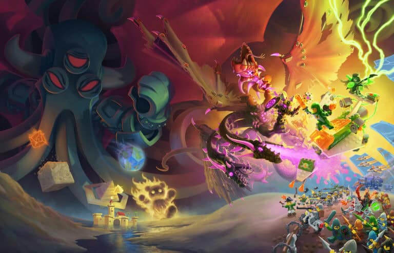 A vibrant, fantastical scene unfolds like a BRIKWARS wargame, depicting a battle with a giant octopus and a dragon spewing mystical energy. A small army of cartoon characters charges with varied weapons. Bright colors and floating objects fill the chaotic sky above a castle on water.