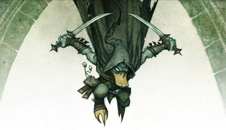 In the Dragonbane RPG, an illustration depicts a cloaked character diving downwards with two swords drawn. The character, wearing a hood with a beak-like mask and dark attire, carries keys and scrolls. Translated from its original concept, the scene features a stone archway in the background.