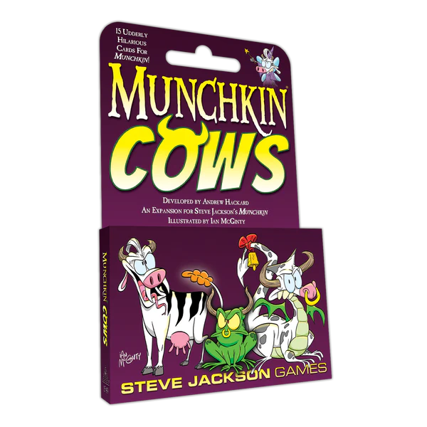 The box cover for "Munchkin Cows," a playful 15-card set expansion by Steve Jackson Games, showcases cartoon cows in hilarious poses and vibrant colors, all set against a cheerful purple backdrop. Keep an eye out for it in your favorite game stores!