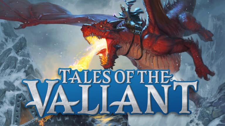 A red dragon breathes fire as a rider in armor commands it, set against a backdrop of rocky, icy terrain. The words "Tales of the Valiant RPG" stand out in bold, blue and white letters, teasing an exciting release on Kickstarter in May 2023.