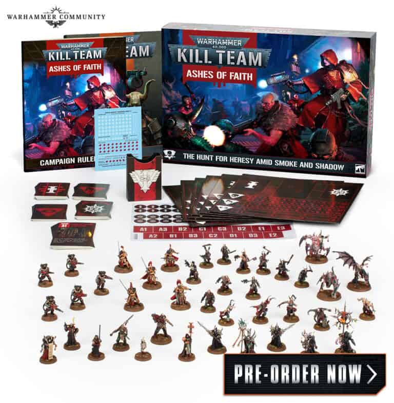 Explore the immersive world of Games Workshop with the "Warhammer Kill Team: Ashes of Faith" set. This collection features painted miniatures, rulebooks, cards, and tokens. Perfect for any fan of the Horus Heresy. Click "Pre-order Now" at the bottom right to secure your set today!