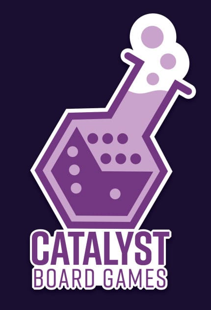 A purple and white logo featuring a stylized chemistry flask with bubbles. Below it, the text reads "Catalyst Board Games," representing Catalyst Game Labs' Board Game Division. The background is dark blue, capturing the essence of Overlords: In Training.