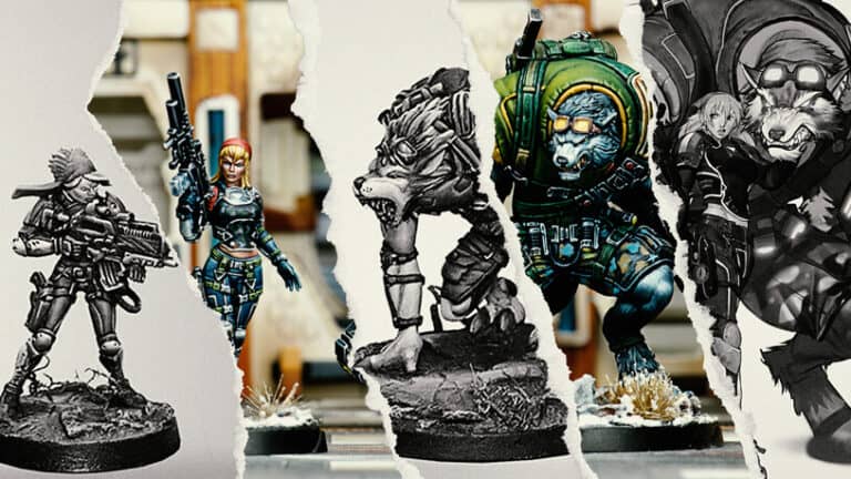 A collage of action figures arranged in vertical strips celebrates the excitement of our latest product release. From left to right: a monochrome soldier, a colorful female warrior, a wolf-like creature, and stylized hybrid drawings inspired by the Infinity Tabletop Game.