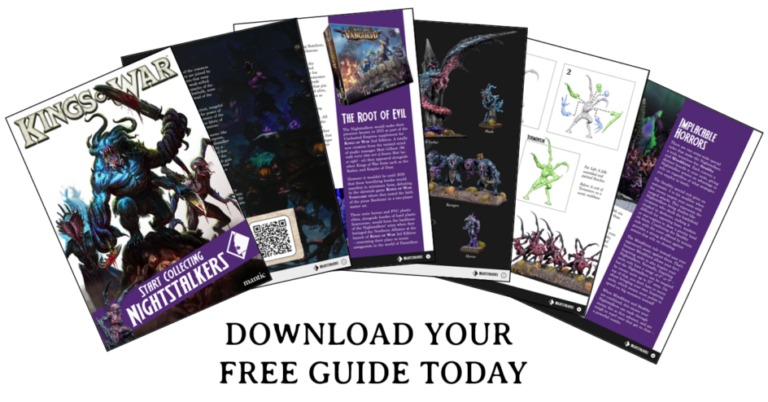A promotional image for "Kings of War" from Mantic Games highlights a free guide to the Nightstalkers. It showcases sample pages with captivating illustrations of terrifying creatures and miniatures. The text eagerly encourages downloading the guide.