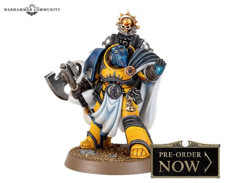 A detailed miniature figure of a sci-fi warrior from the Siege of Cthonia in blue and yellow armor with a cape, wielding an axe. The figure has a robotic face and a sun-themed emblem on the shoulder. A "Pre-order Now" sign is displayed in the corner, exclusive to Forge World editions.