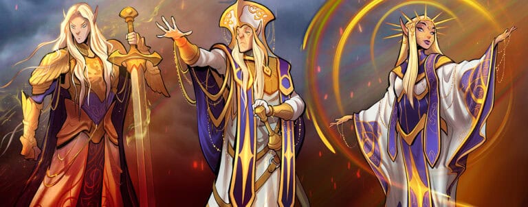 Three elegantly robed fantasy characters, reminiscent of high elves from a second edition saga, stand in dramatic poses amidst a mystical backdrop. Each is adorned in regal attire with gold accents: one wielding a glowing sword, another casting a spell, and the last radiating with a halo-like aura.