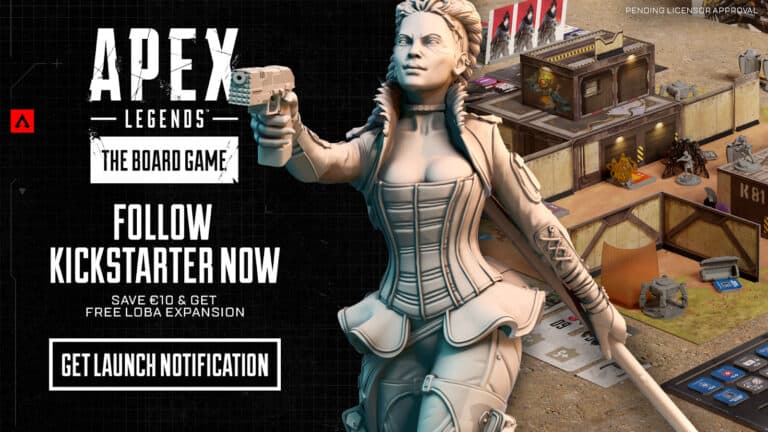 Apex Legends: The Board Game promotional banner showcases a stunning statue of a character wielding a weapon, with the immersive board game setup behind. Dive into this Kickstarter Exclusive adventure and follow for savings and notifications.
