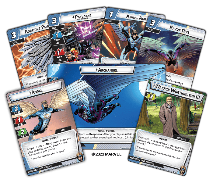A collection of Marvel trading cards, including the Angel of Life and Death, featuring characters like Archangel, Angel, and Psylocke. Cards display images, stats, and abilities against a gradient background transitioning from black to transparent.