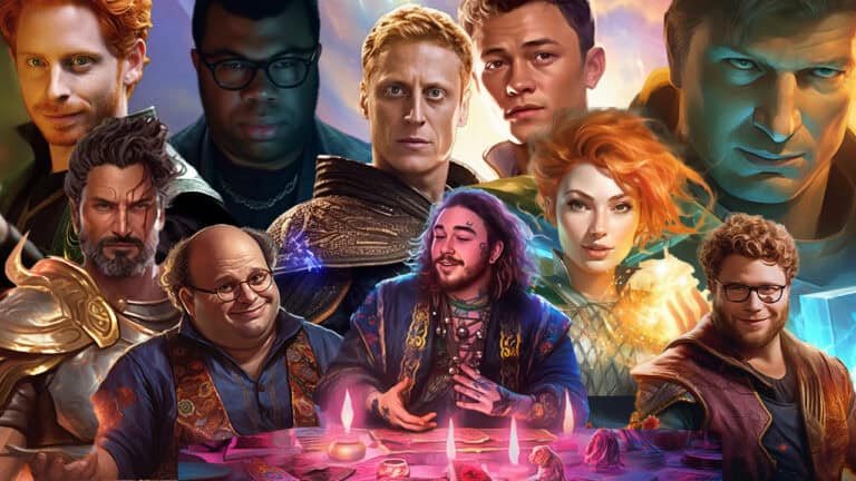A diverse group of fantasy characters, resembling celebrity planeswalkers from Magic: The Gathering, don colorful and varied costumes as they gather around a table. Engaged in lively conversation, they are enveloped by a vibrant, magical atmosphere filled with mystical items.
