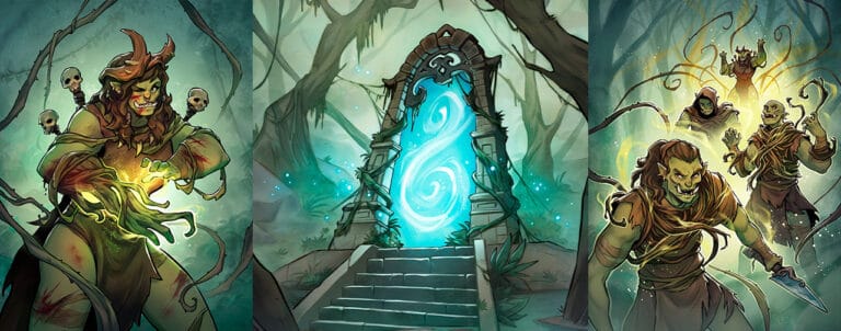 A fantasy-themed triptych: a sorceress conjures magic with glowing energy, a mystical portal emits a bright blue swirl amid a forest, while two sinister figures, reminiscent of Swamp Orcs from Summoner Wars Second Edition, wield enchanting powers entangled with vines and ethereal forces.