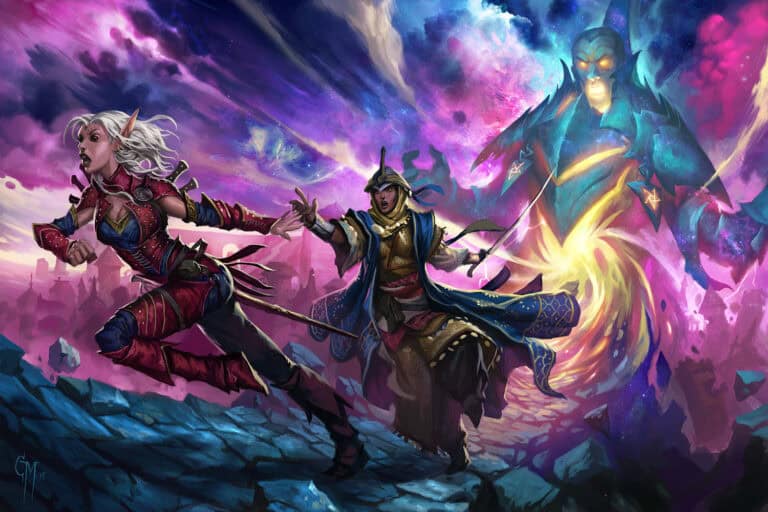 In a vibrant cosmic sky, a female elf warrior joins a male mage fleeing from a mystical giant of swirling energy. This enchanting scene could captivate aspiring illustrators, as seen in portfolio reviews at events like PaizoCon Online 2023, set against an awe-inspiring mystical landscape.