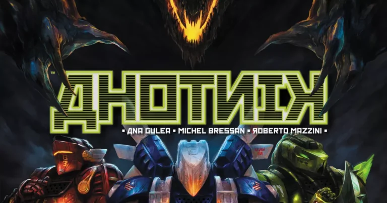 Three futuristic armored characters stand in front of glowing green text reading "Anthyk." Above them looms the shadowy figure of a dragon with fiery eyes, hinting at an epic mech battle that awaits. Gear up for world domination with this thrilling Kickstarter project.