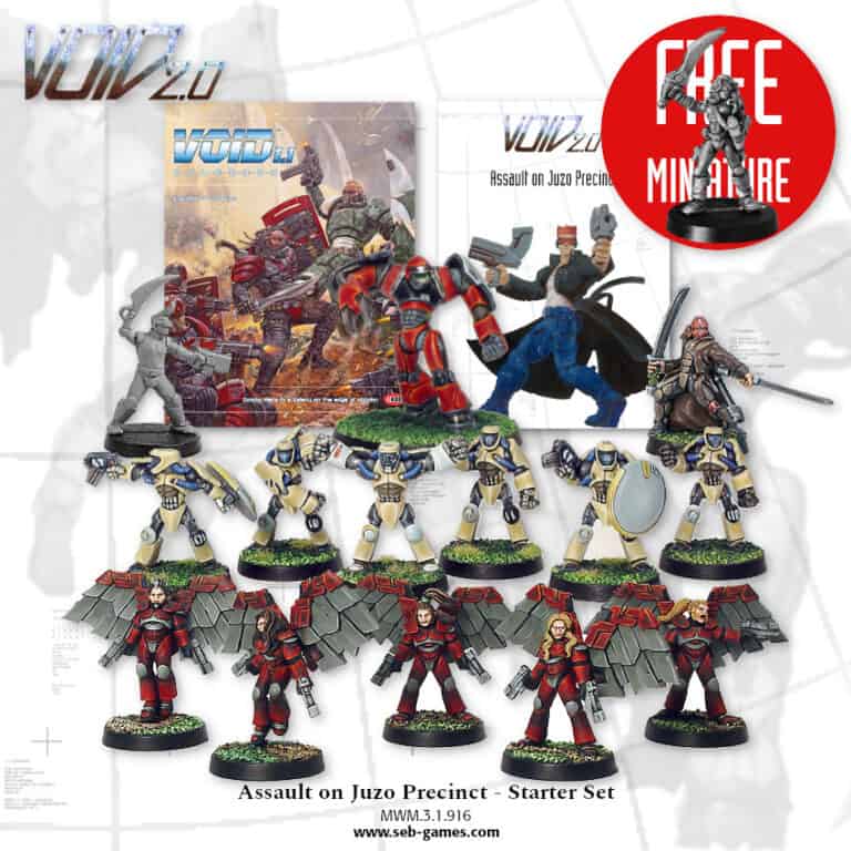 Image of a tabletop game starter set from Seb Games called "Assault on Juzo Precinct," featuring an array of miniature figures and game components. The promotional text highlights a free miniature offer, inviting players to join the epic Battle for Havökkia.