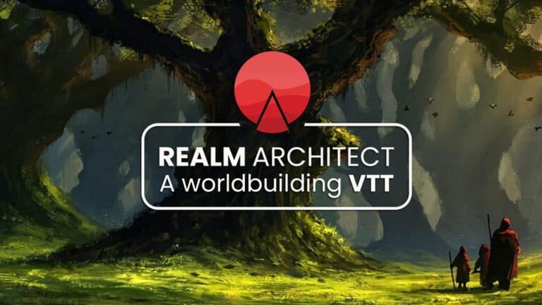 In a lush forest with a massive, ancient tree in the background, two figures in red cloaks walk towards it. The text reads, "Realm Architect: A Worldbuilding Virtual Tabletop," capturing the essence of creative exploration.