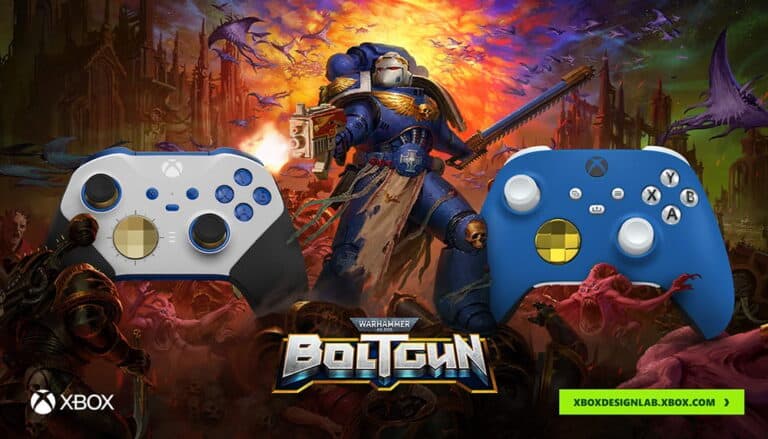 Xbox controllers themed for Warhammer 40,000: Boltgun. The background features a Space Marine in battle amidst a chaotic scene with mythical creatures and skulls. Two controllers, one white and blue, the other blue and gold, are displayed prominently, perfect for fans of Warhammer video games.