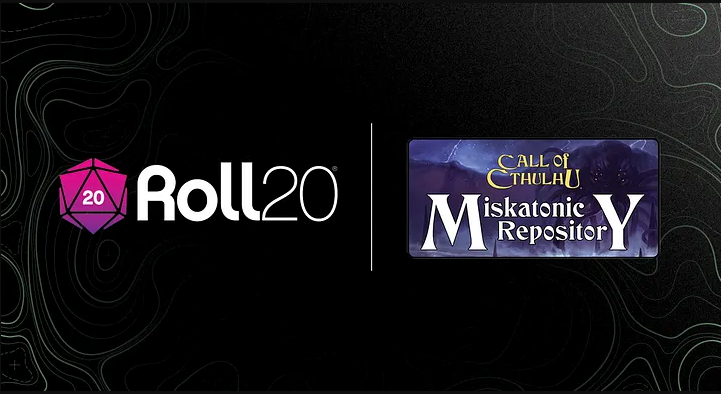 Logo displaying "Roll20" with a pink 20-sided die icon on the left. On the right, text reads "Call of Cthulhu Miskatonic Repository," capturing Chaosium's eerie essence with dark, mysterious background elements, perfect for the Roll20 Virtual Tabletop experience.