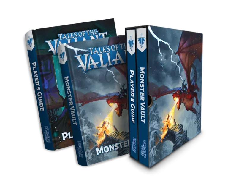 Three role-playing game books are stacked, showcasing "Tales of the Valiant: Player's Guide" and "Monster Vault." The covers, crafted by Kobold Press, depict a dragon with wings spread wide, soaring over a stormy sea—a testament to their successful Kickstarter campaign.