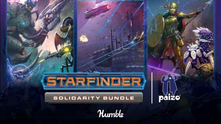 A promotional image for the Starfinder Solidarity Bundle, supporting a worthy cause. It showcases three panels: alien creatures in combat, a spaceship in space, and a warrior with shield and helmet. Logos for Starfinder, Paizo, and Humble Bundle are prominently featured.
