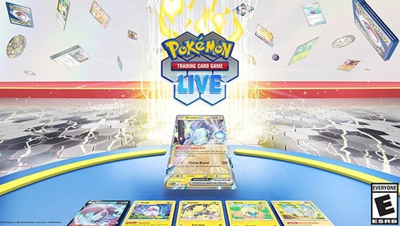 A promotional image for Pokémon Trading Card Game Live features cards floating in the air. At its center, a VMAX card shines brightly among other Pokémon cards. Marking the Live launch on June 8, 2023, the ESRB rating "Everyone" is prominently displayed in the bottom right corner.