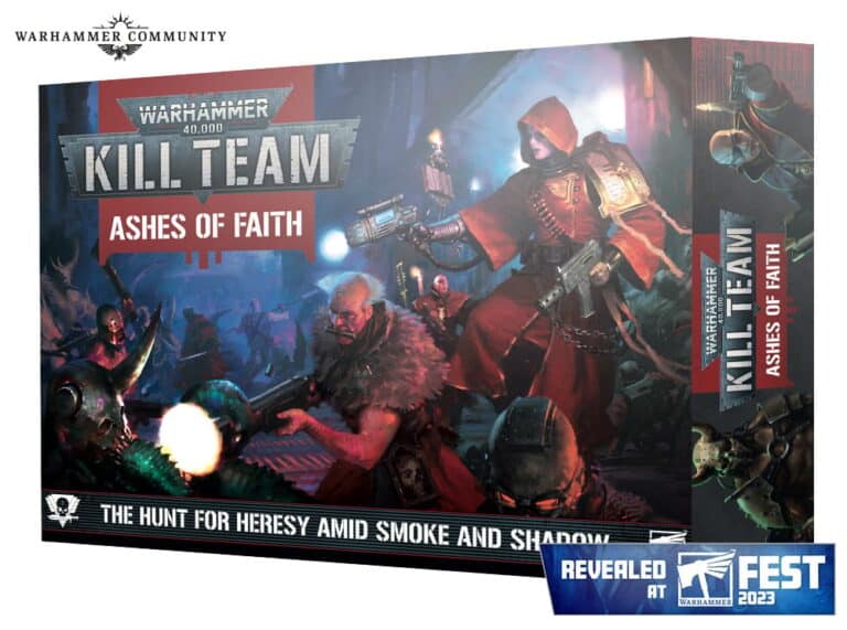 Box cover of "Warhammer 40,000 Kill Team: Ashes of Faith" featuring armored figures in a dark, intense scene. Includes text: "The hunt for heresy amid smoke and shadow," underscoring its role as a gripping Kill Team Expansion influenced by Chaos Cults, with a banner noting its Fest 2023 reveal.