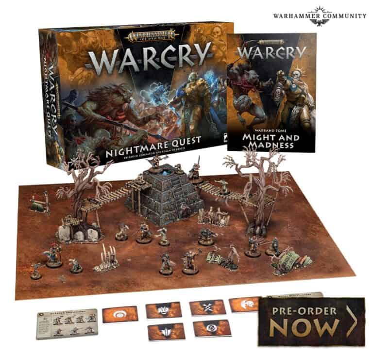 The Warcry "Nightmare Quest" game set by Games Workshop includes a box, board, miniatures, cards, and the book "Might and Madness." Displayed with fantasy-themed terrain pieces, this immersive experience invites you to pre-order now.