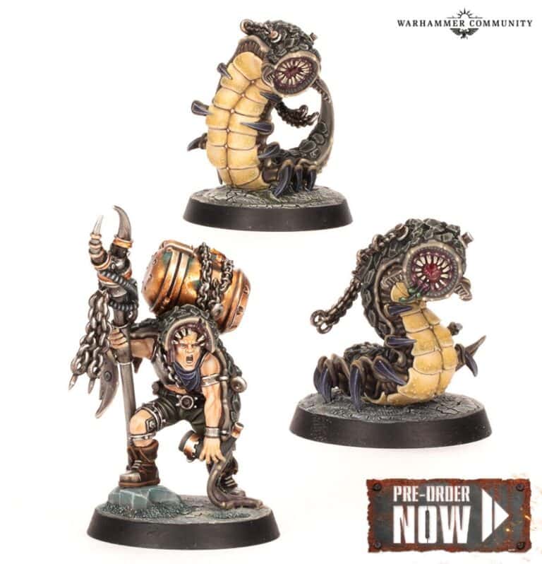 Image of three Warhammer miniatures: two Millisaur creature models with segmented bodies and intricate designs, and one Outland Beastmaster warrior figure in armor wielding a weapon. Text in the corner reads "PRE-ORDER NOW.