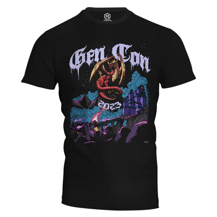 Black T-shirt from the exclusive merch collection by Rollacrit, showcasing a fantasy scene with a dragon and castle. "Gen Con Indy 2023" is elegantly written, enhancing its colorful and dynamic design that perfectly captures a mystical atmosphere.