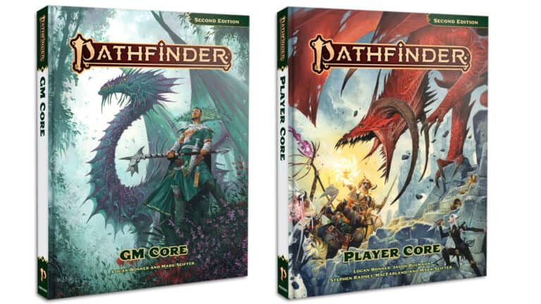 Two book covers for "Pathfinder Second Edition" are displayed. The "GM Core" features a green dragon and a figure with a sword while the "Player Core" shows an adventurer in armor battling red and green dragons. Both dynamic, detailed designs were highlighted at PaizoCon Online 2023.