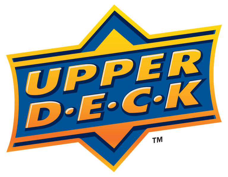 The iconic Upper Deck logo showcases the words "UPPER DECK" in bold, stylized letters. The vibrant text, drenched in yellow and orange, is elegantly positioned against a blue backdrop, accentuated by a star outline.
