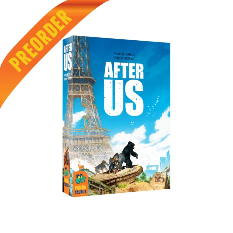 The cover of the board game "After Us" by Pandasaurus Games features animals, like a bear, set against the Eiffel Tower and a city skyline. A "PREORDER" banner graces the top left corner.