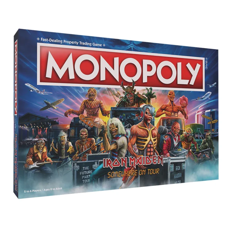 The image showcases a Monopoly board game box with an Iron Maiden theme, crafted by The Op Games. The artwork brims with band-related graphics, featuring the title "Iron Maiden: Somewhere on Tour" beneath the classic MONOPOLY branding.