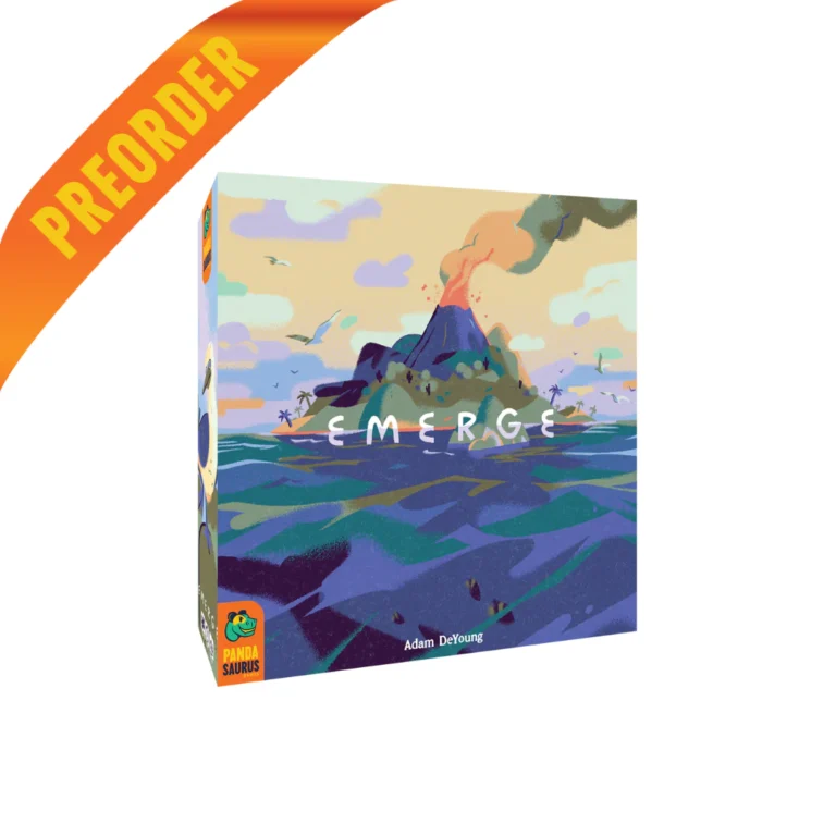The board game box titled "Emerge" showcases an erupting volcano and ocean scene, highlighting its immersive 3D exploration gameplay. A "Preorder" banner graces the top left corner, while Pandasaurus Games' logo is prominently displayed on the side.