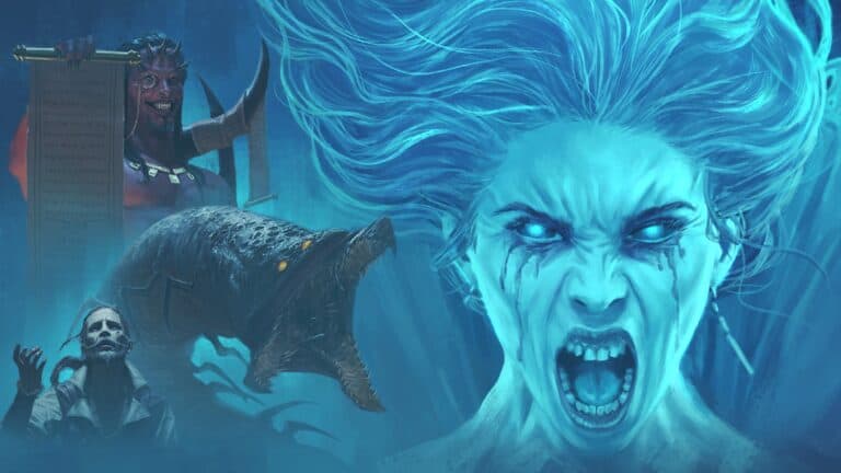 In a dark, ethereal setting, four mystical figures emerge from the Abomination Vaults: a screaming banshee with blue hair, a horned demon clutching a scroll, a monstrous creature with a jagged mouth, and a ghostly figure wearing a skull-like mask—a scene straight from the world of Pathfinder.
