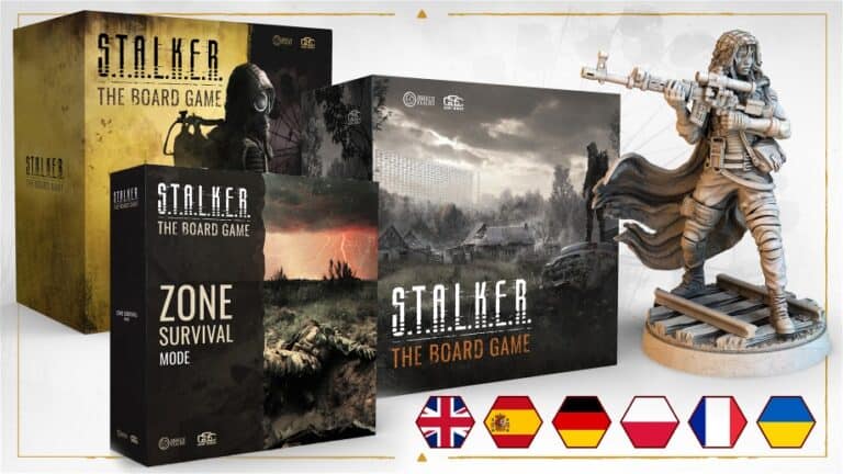 Boxes of "S.T.A.L.K.E.R. The Board Game" and "Zone Survival Mode" are displayed with a detailed figurine of a character wielding a rifle. Pledges on Gamefound offer language options: UK, Spain, Germany, France, Italy, and Ukraine.