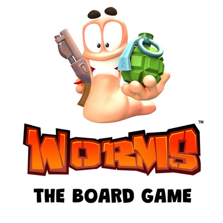 A cartoon worm character, smiling mischievously, holds a grenade and a weapon. Beneath the vibrant and playful illustration is bold text: "Worms The Board Game." Dive into this tactical tabletop adventure where strategy meets chaos!