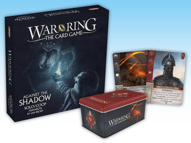 The "Against the Shadow" expansion for "War of the Ring: The Card Game" from Ares Games features fantasy artwork cards and a themed tin box, all set against a gradient blue background.