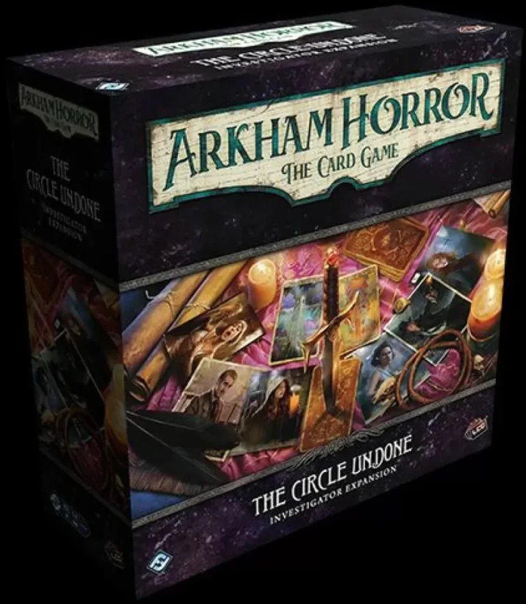 The box for "Arkham Horror: The Card Game" and its "The Circle Undone" investigator expansion, crafted by Fantasy Flight Games, features a captivating candlelit scene adorned with mysterious items like a magnifying glass, book, and assorted photographs.