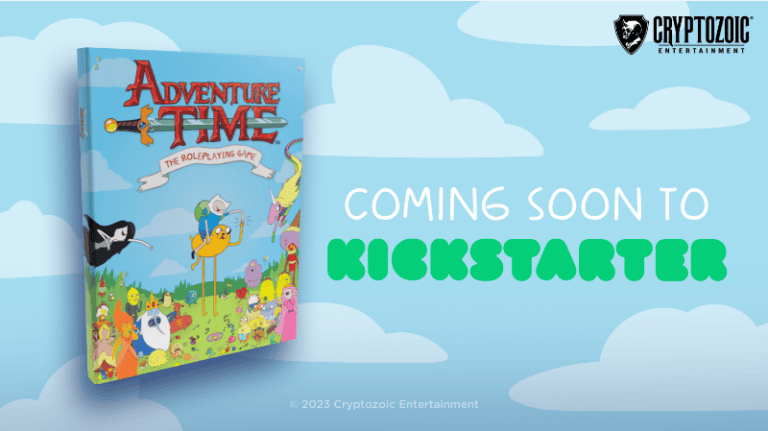 A vibrant promotional poster for "Adventure Time: The Roleplaying Game" showcases colorful characters against a serene blue sky. Text announces, "Coming Soon to Kickstarter," with the Cryptozoic Entertainment logo prominently displayed in the corner.