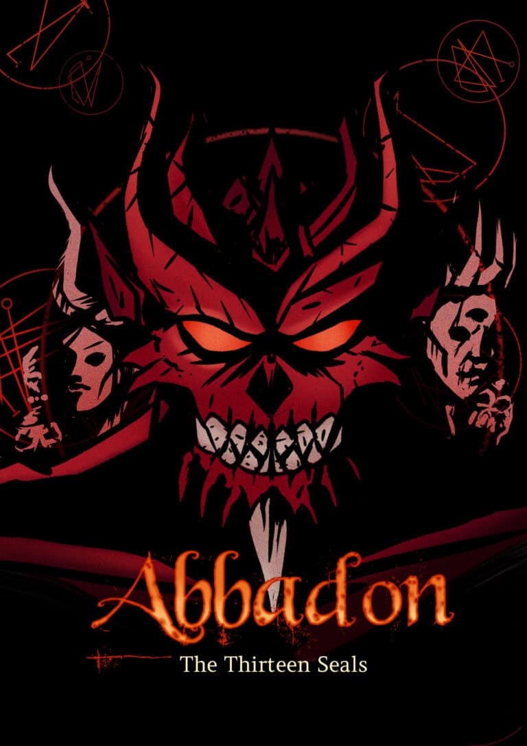 A dark, menacing figure with red horns and glowing eyes is surrounded by mystical symbols and two shadowy faces. The text "Abbadon: The Thirteen Seals" by Lost Haven Games blazes below in fiery letters, hinting at a thrilling TTRPG adventure.