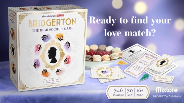 Box of "Bridgerton: The High Society Game" with cards, tokens, and macarons on a table. The text reads "Ready to find your love match?" Suitable for 3-6 players, ages 16+, with a playtime of 30 minutes. Features Shondaland and Netflix logos prominently.