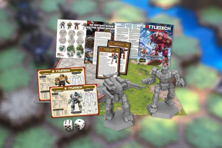 A board game setup featuring two mech figurines, cards, and a rulebook alongside the latest ForcePacks on a blurred hexagonal map background. Game elements are visually arranged to immerse players in the BattleTech Universe, showcasing its theme and components.
