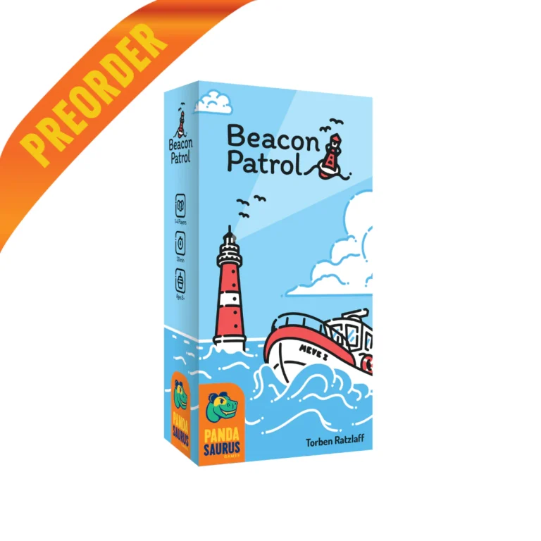Box art for "Beacon Patrol," a family board game featuring a lighthouse and boat on waves. The blue box has a preorder banner in the top corner and the PandaSaurus logo at the bottom, heralding its Summer Release. Designed by Torben Ratzlaff.