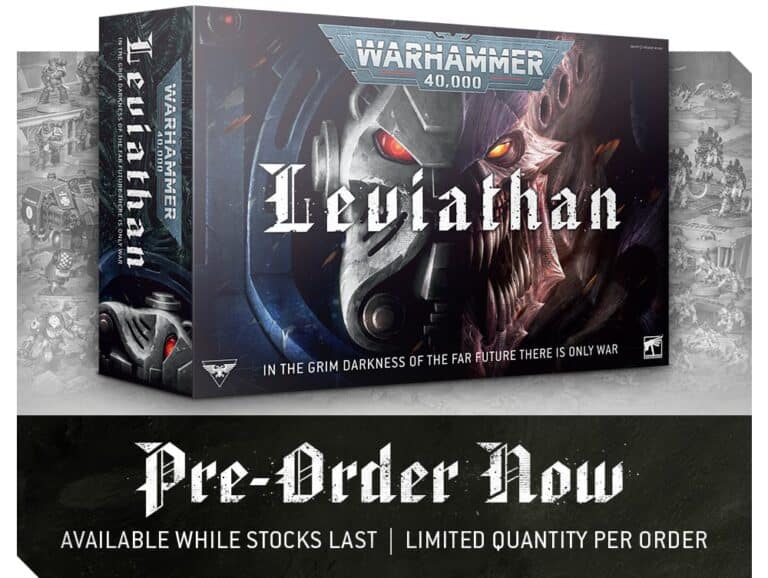 Box art for the Warhammer 40,000: Leviathan Box Set showcases a dramatic illustration of a fierce creature. The promotional text includes "Pre-Order Now" and notes about limited stock availability per order, marking a thrilling new era in the series.