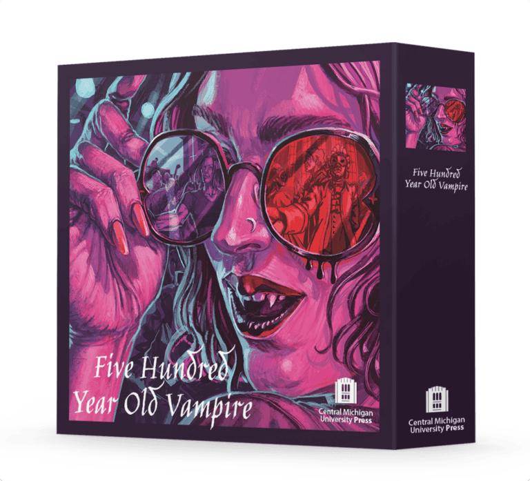A box with vibrant artwork featuring a vampire in sunglasses reflecting a gothic scene adorns this intriguing multiplayer RPG. The text reads "Five Hundred Year Old Vampire." It's published by Central Michigan University Press.