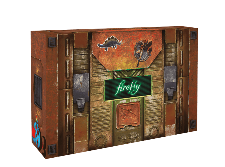 A brown, sci-fi-themed board game box with metallic textures celebrates the 10th Anniversary of Firefly: The Game. It features captivating illustrations of a stegosaurus, a winged insect, and a digital display reading "firefly," encapsulating the Collector's Edition allure.