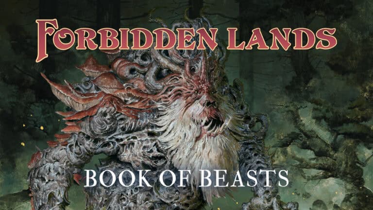 The cover of "Forbidden Lands: Book of Beasts" by Free League Publishing showcases a creature with twisting, tree-like limbs set amid a dark forest. The title stands out in bold red and white text, capturing the eerie essence of the unknown.