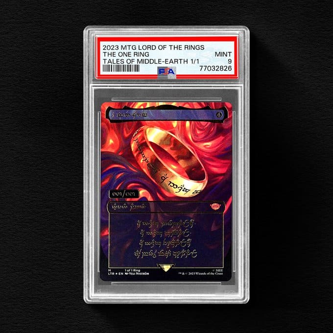 An authenticated 2023 Magic: The Gathering card, titled "The One Ring," from Tales of Middle-Earth, beautifully encased and rated Mint 9, showcases intricate designs and Elvish script. With card number 77032826 visible, this MtG One Ring Card is a true collector's gem.